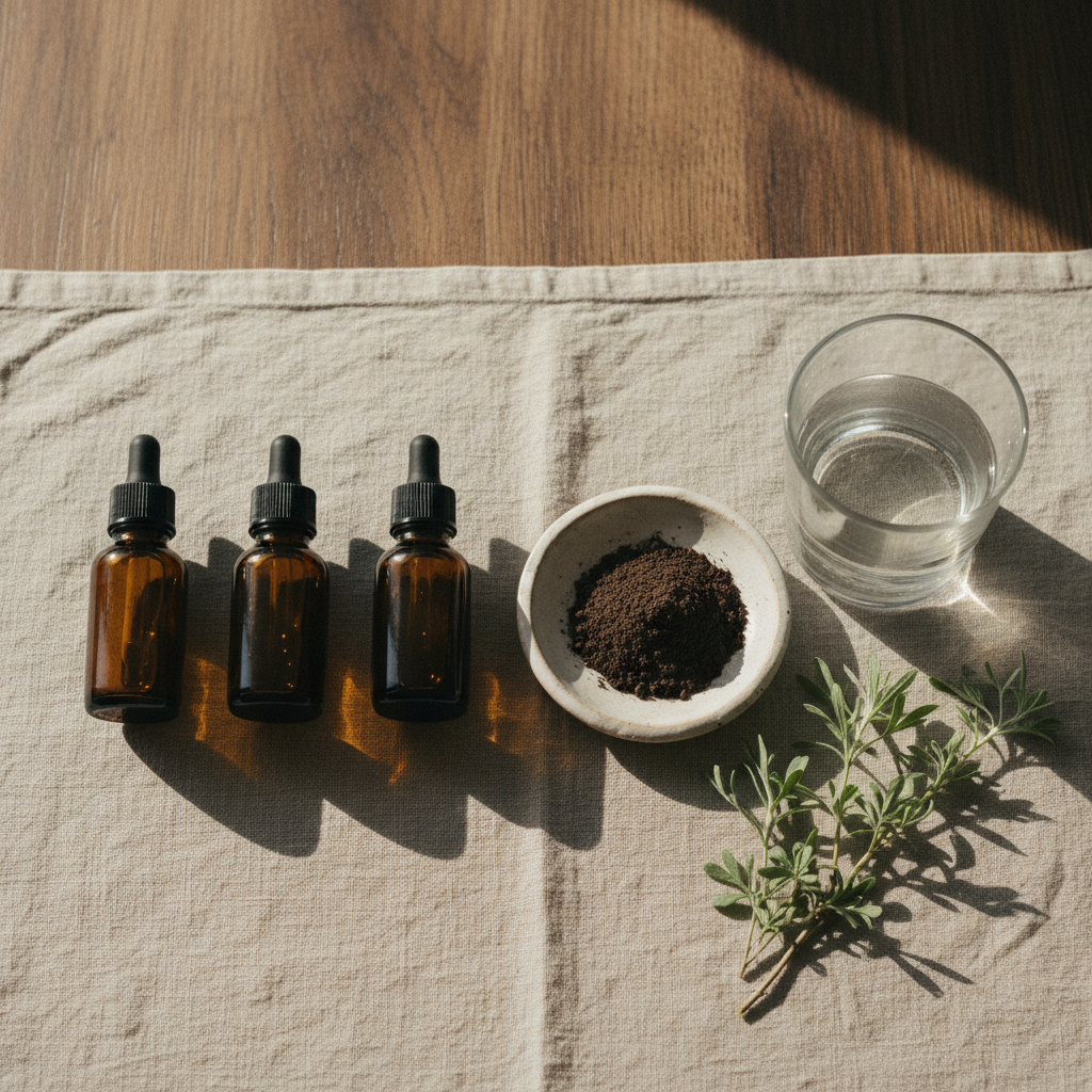Herbal tinctures, a binder, and a glass of water laid out for a natural parasite cleanse