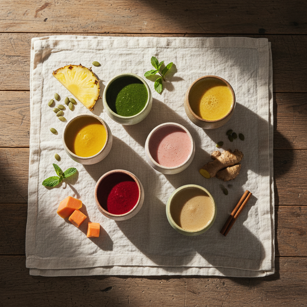 Overhead spread of six parasite cleanse smoothies with pumpkin seeds, pineapple, papaya, beet, turmeric, and cinnamon ingredients