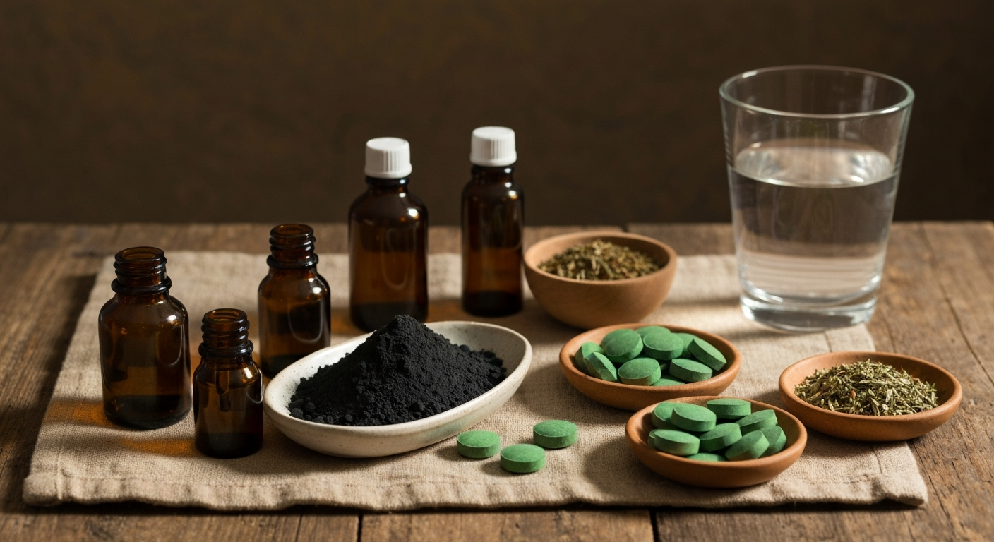 Natural binder supplements arranged on apothecary table - tincture bottles, activated charcoal and herbs for parasite cleanse support
